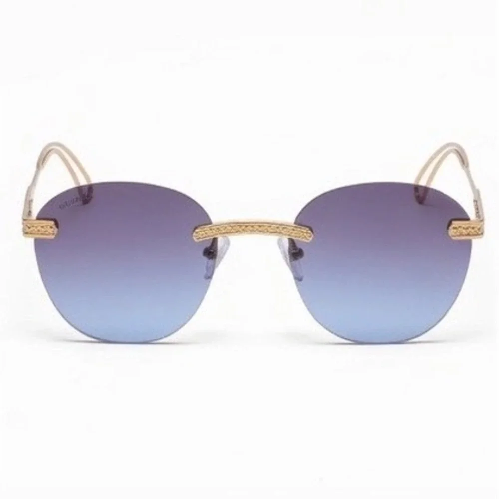 Mens Rimless Gold Round Sunglasses Blue Gradient Lens Metal Frame Hip Hop Trendy